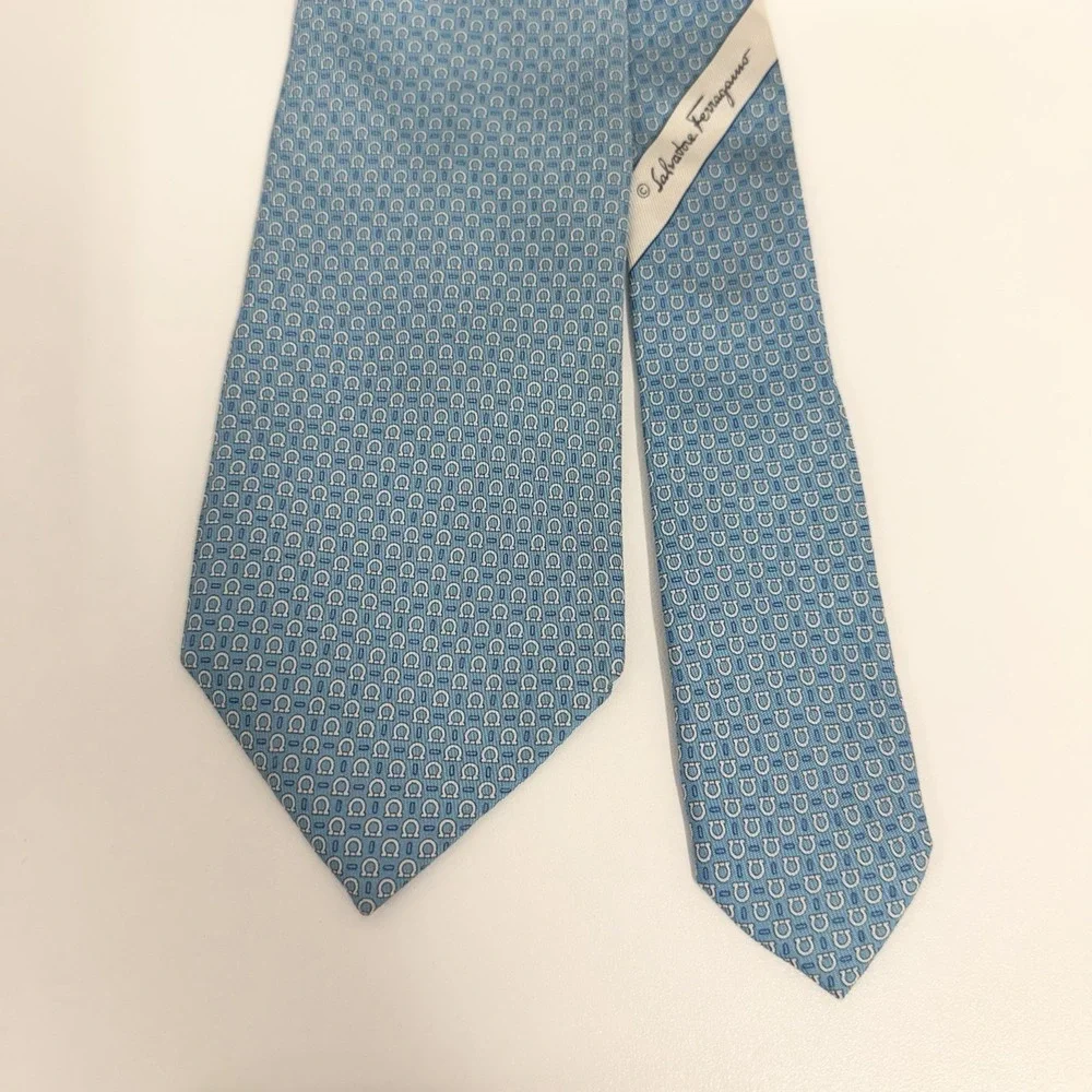 Salvatore Ferragamo Recent Tie AOP Gancini Logo Turquoise Blue Silk 3